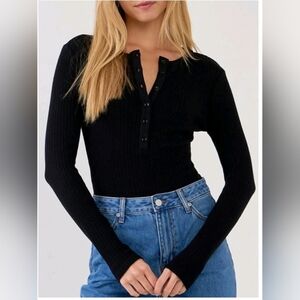 Free The Roses Ribbed Long Sleeve Henley Bodysuit Black Size L NWT